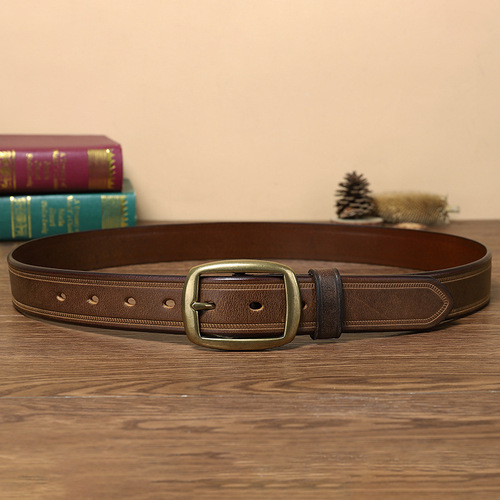 3.3CM wide retro belt men's genuine leather pin buckle first layer cowhide fashion student Korean style trendy copper buckle trouser belt