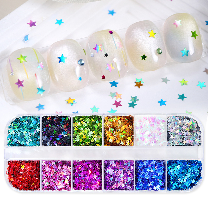 12-Pack of Laser Five-Pointed Star Nail Glitter, Colorful 3mm Star Nail Sequins, DIY Resin Accessories