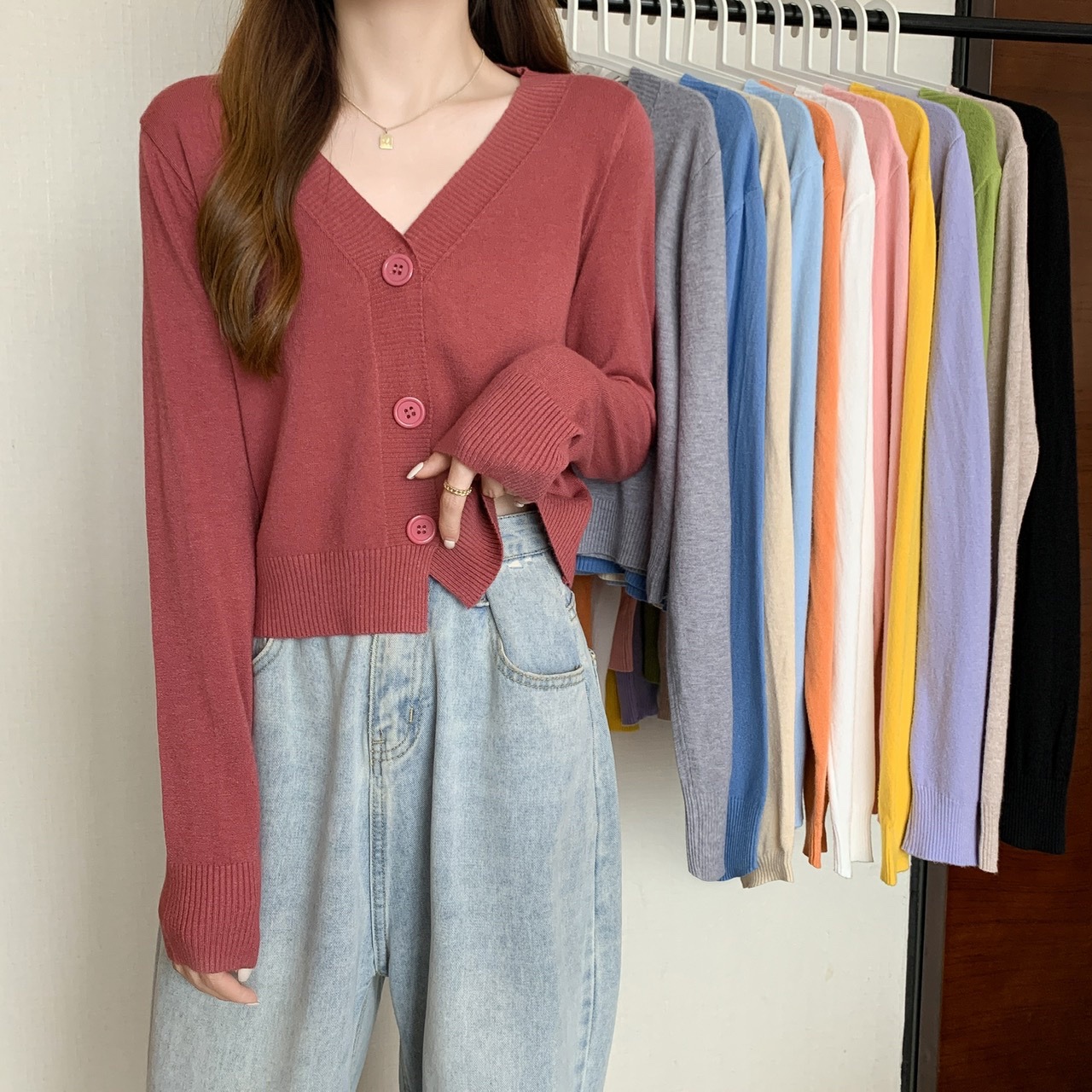 Short High-Waisted Thin Sweater Small Outwear for Women Spring & Fall Korean New Pure Color Slim Versatile Knitted Small Cardigan
