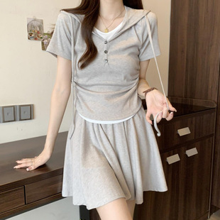 Fashion Casual Slimming Suit for Women Summer New Slim Fit Hooded Shirt Top High Waist Pleated Skirt Two-Piece Set