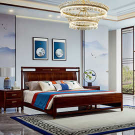 床头弧形新中式黑檀木1.8M米实木双人床黑檀色简约1.5米别墅婚床
