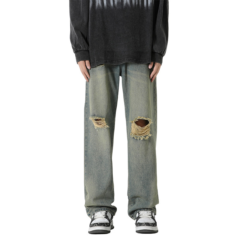 Pantalones vaqueros rasgados de los hombres de hip hop de la calle Otoño e Invierno nuevos pantalones sueltos de pierna ancha de la calle alta pantalones americanos azules retro de los hombres