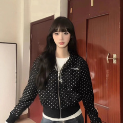美式复古波点满印连帽短卫衣2025辣妹休闲百搭卫衣开衫外套女春秋