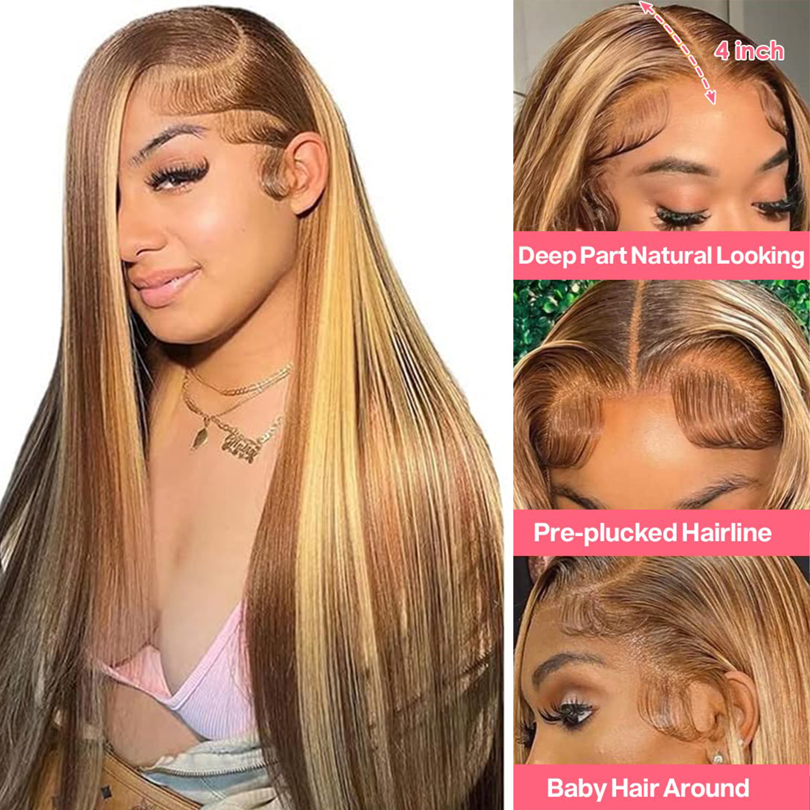 parrucche capelli umani P4/27 copricapo completo sfumato moda capelli lunghi lisci copricapo in pizzo trasparente_voghion.com