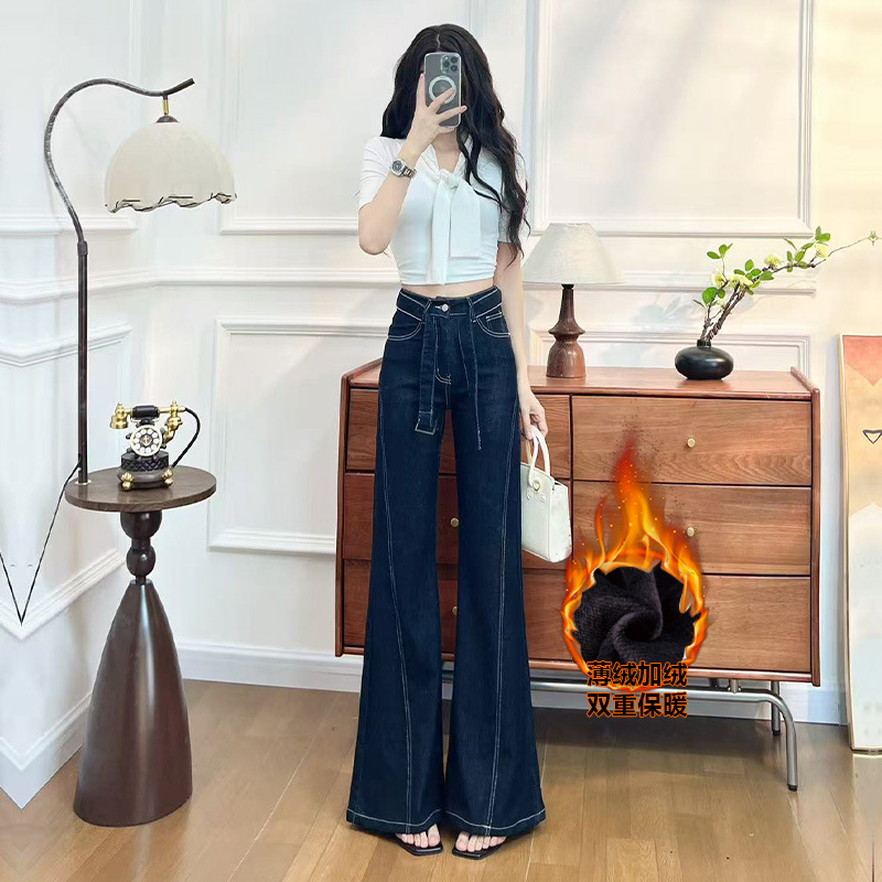 Fleece-Lined Flared Jeans for Women, Autumn and Winter New Fashion, Slimming, Stretchy, Trendy Design, Floor-Length Pants