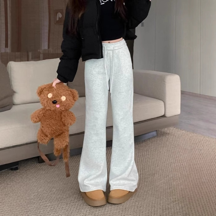 Grey Low Waist Flared Pants Women's Spring and Autumn New Dipped Yoga Horseshoe Pants Slimming Drawstring American Style Micro-Ram Pants