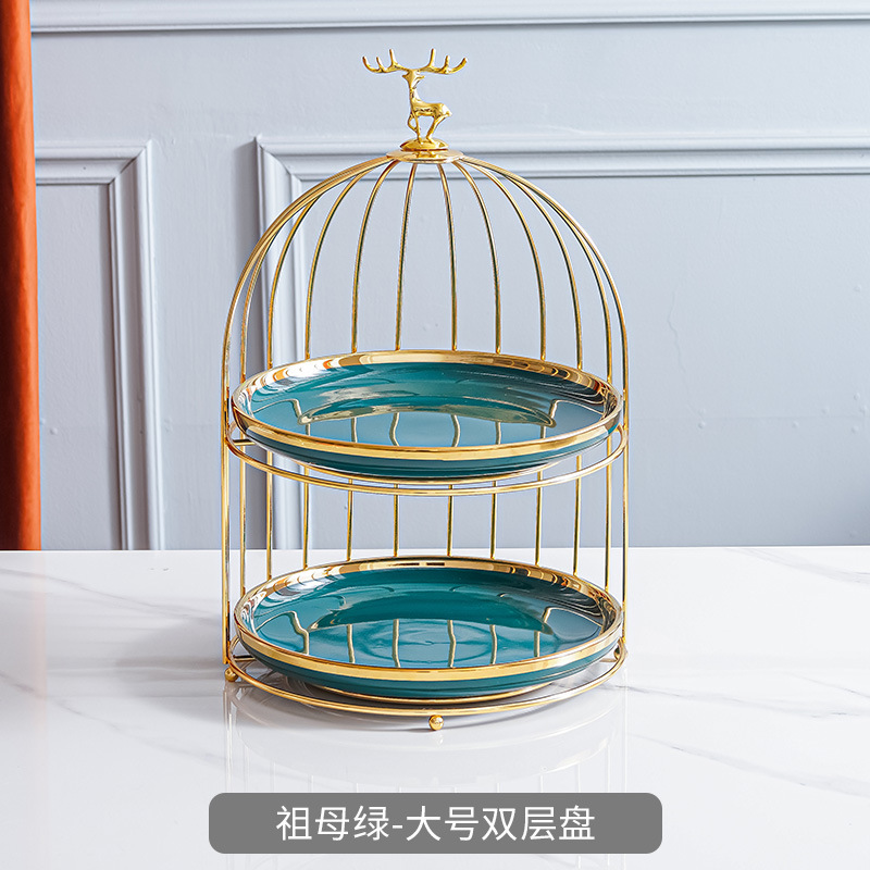 Plato de fruta de cerámica de lujo ligero mesa de café de la sala de estar cesta de frutas en casa plato de pastel de caramelo creativo adornos de almacenamiento de postre de doble capa