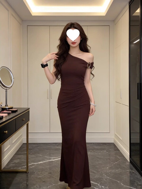 Unique and Beautiful Evening Dress 2026 New Model High-End Luxury Niche Brown Off-Shoulder Dress for Women Summer Unique and Beautiful Evening Dress 2026 New Model High-End Luxury Niche Brown Off-Shoulder Dress for Women Summer