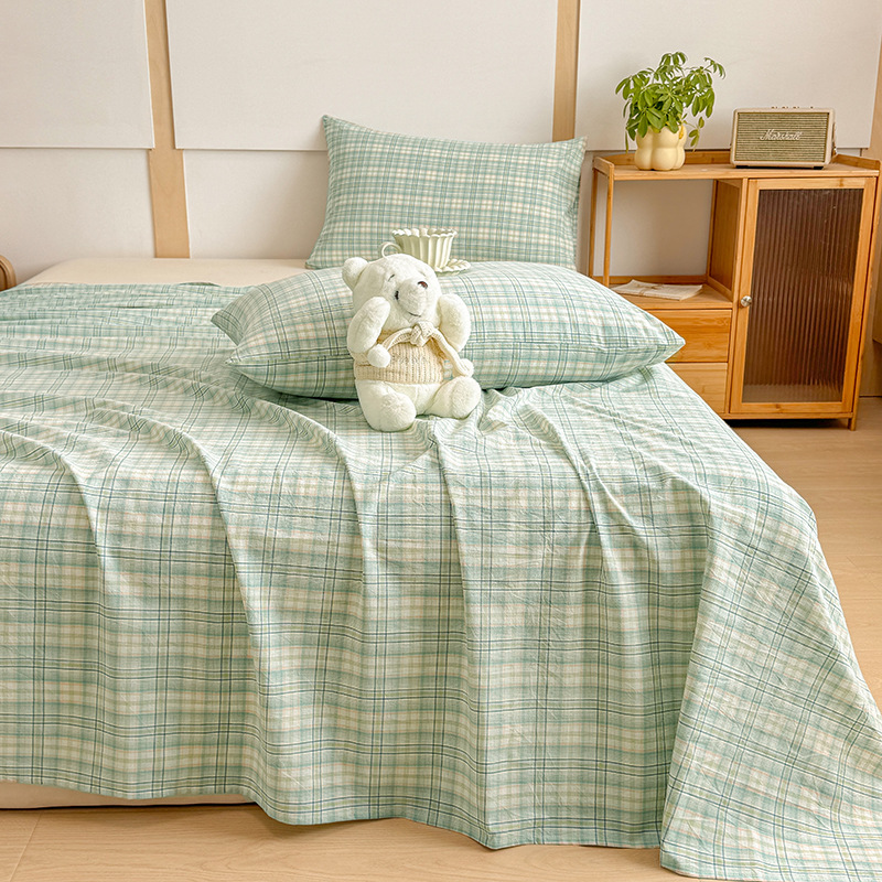 Sábana de algodón lavado de algodón de una sola pieza de algodón 100 dormitorio de estudiantes edredón de celosía individual funda de almohada de tres piezas 3