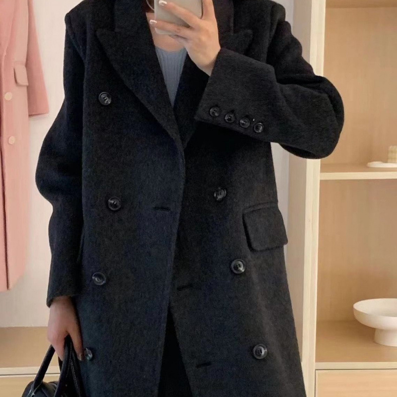 Demi-season green double-sided woolen long elegant jacket, bright catchy style