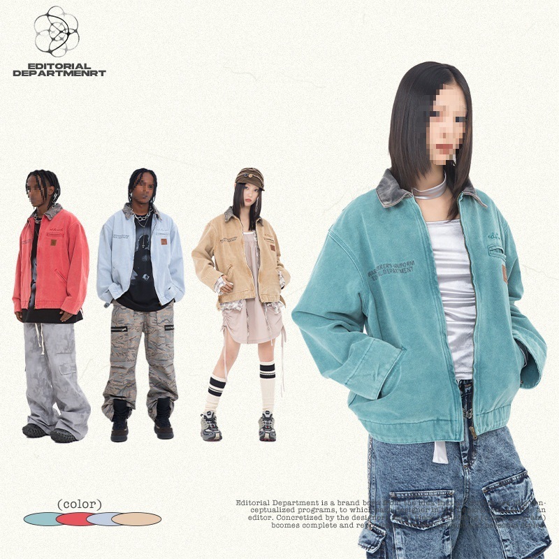 春秋新款牛仔外套美式水洗牛仔拼接撞色翻领拉链外套工装夹克外套|undefined