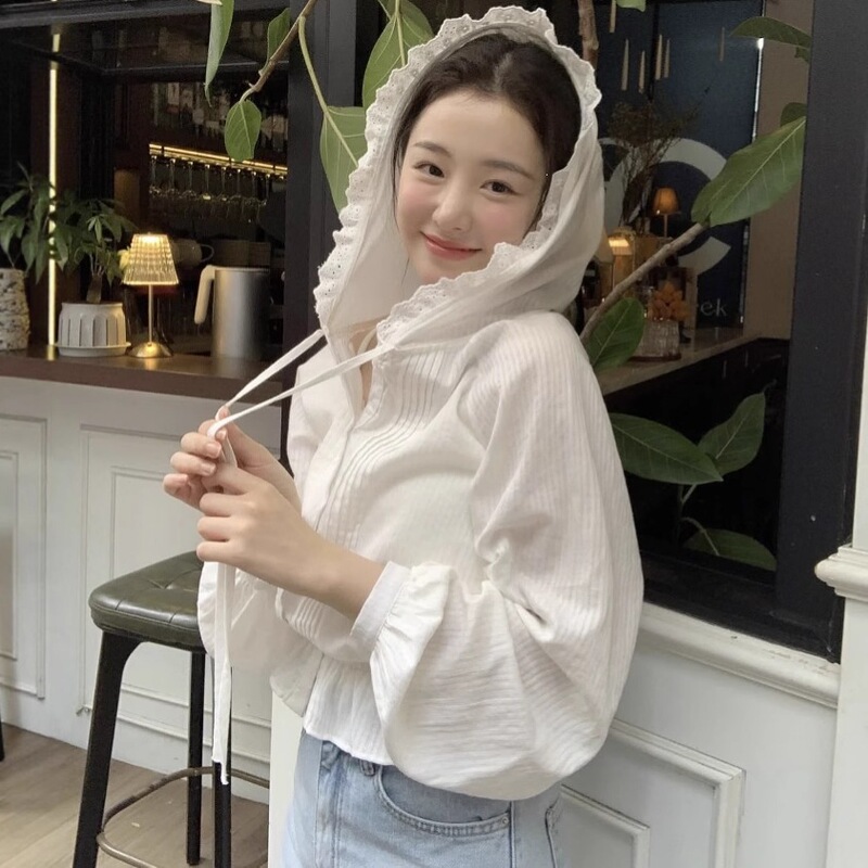 Korean Chic26 Early Spring New Style French Design Lace Elastic Waist Hooded Sun Protection Long-Sleeved Shirt