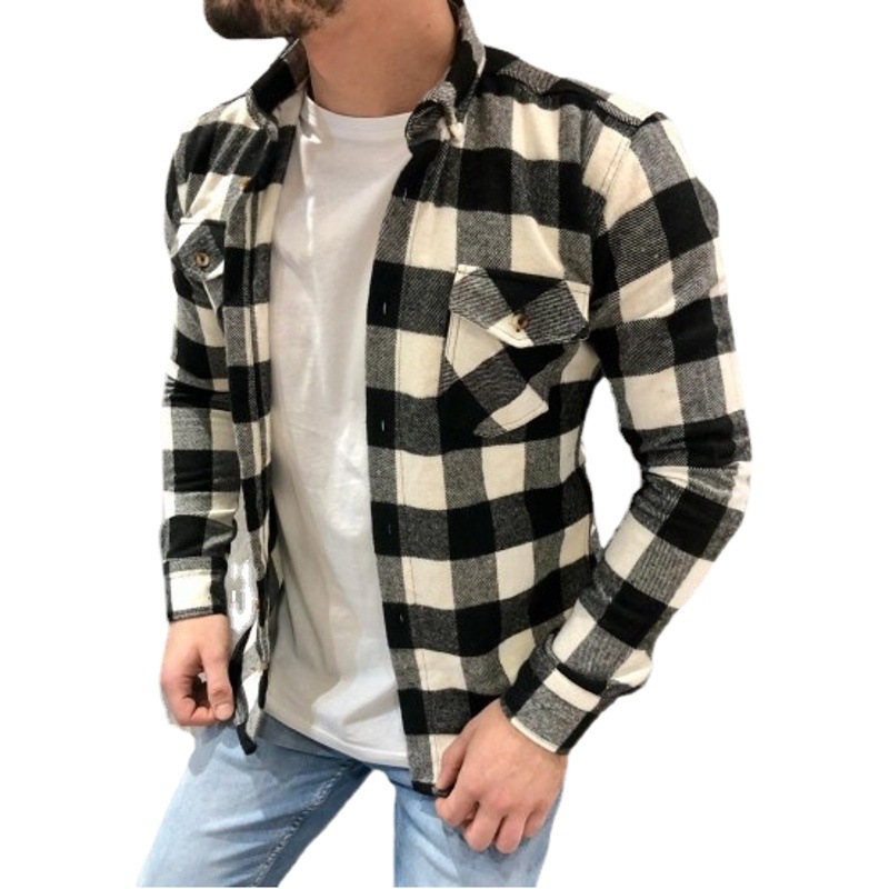 2023 Comercio exterior transfronterizo Amazon Otoño e Invierno solapa europea y americana más tamaño algodón y lino Plaid cepillado camisa de manga larga en stock