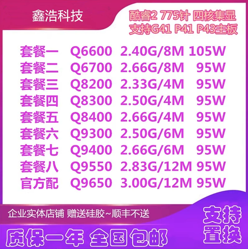Q6600 Q8200 Q8300 Q8400 Q9500 9550 Q9650 CPU 775 pin