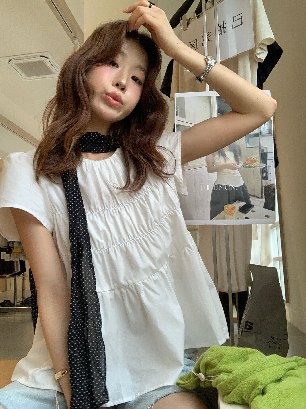 Áo thun nữ cổ tròn tay phồng xếp ly nhún chun — Xanh đen, màu hồng, màu trắng, màu vàng chi tiết 32