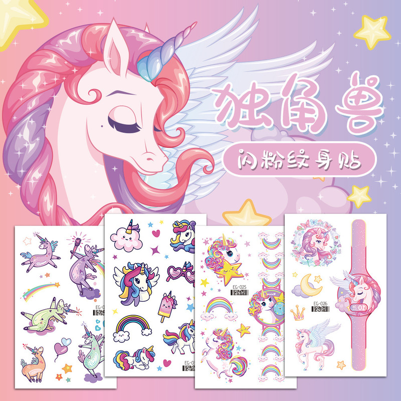 Glitter Unicorn tattoo stickers wholesale children cartoon cute unicorn rainbow horse tattoo stickers