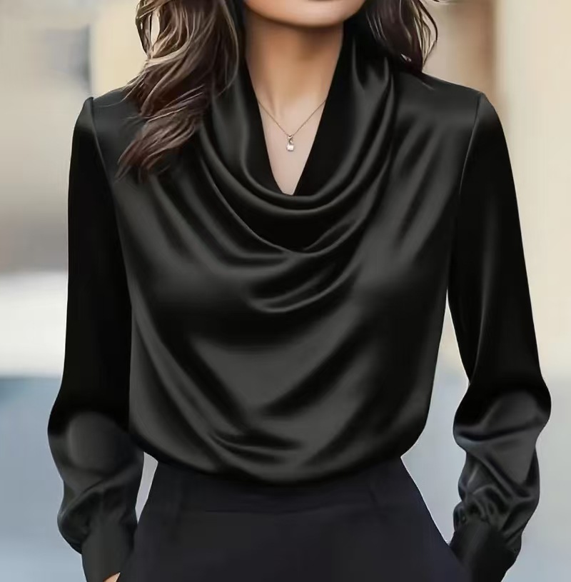 Elegant Drape Neck Long Sleeve Blouse - Autumn Fashion Pure Color Minimalist Shirt For Women, Office & Casual Wear (Black/White/Wine/Coffee, S-XXL)​_ecoleips.com
