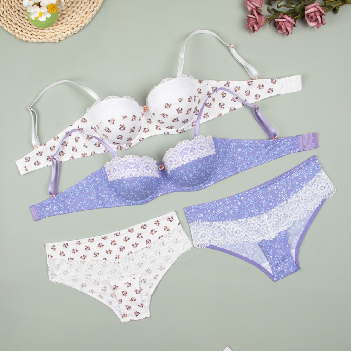 Europa y América comercio exterior ropa interior de encaje sexy, impresión de nylon transpirable, secado rápido, pecho pequeño, conjunto de sujetadores de damas.