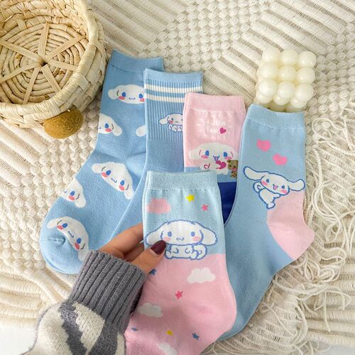 Japanese cartoon socks for women, blue combed cotton mid-length socks for women, cute puppy stockings, dropshipping