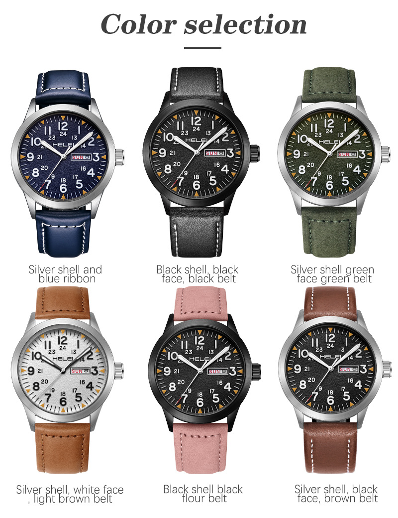 New Brand HELEI Men's Watch Genuine Leather Waterproof Luminous Wrist Watch Quartz Watch Calendar Week Display_voghion.com