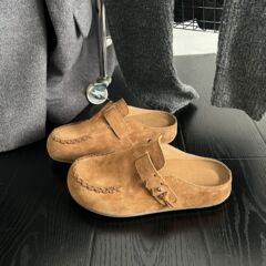 勃肯鞋女2025新款英伦磨砂皮厚底皮带扣包头半拖鞋外穿懒人穆勒鞋