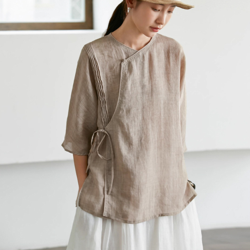 Summer 2025 New Style Clear Ramie Tencel Organ Pleated Round Neck Partial Placket Lace Round Neck Women's Top