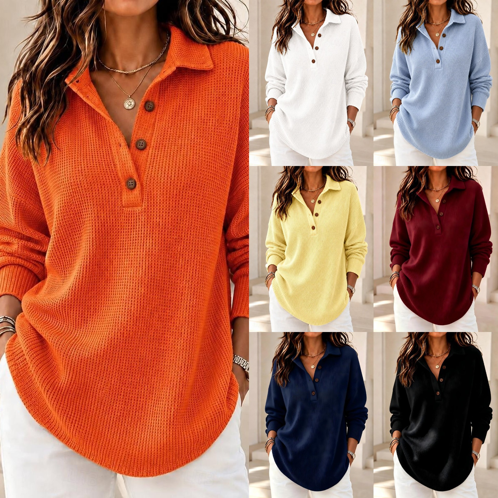 Latest 2026 European and American cross-border autumn collection for women: new arrivals include women’s waffle-patterned long-sleeved polo shirts and knitted shirts