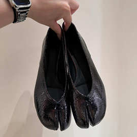 现货羊皮版~法式爆裂纹马蹄分趾单鞋女新款真皮一脚蹬芭蕾舞鞋女