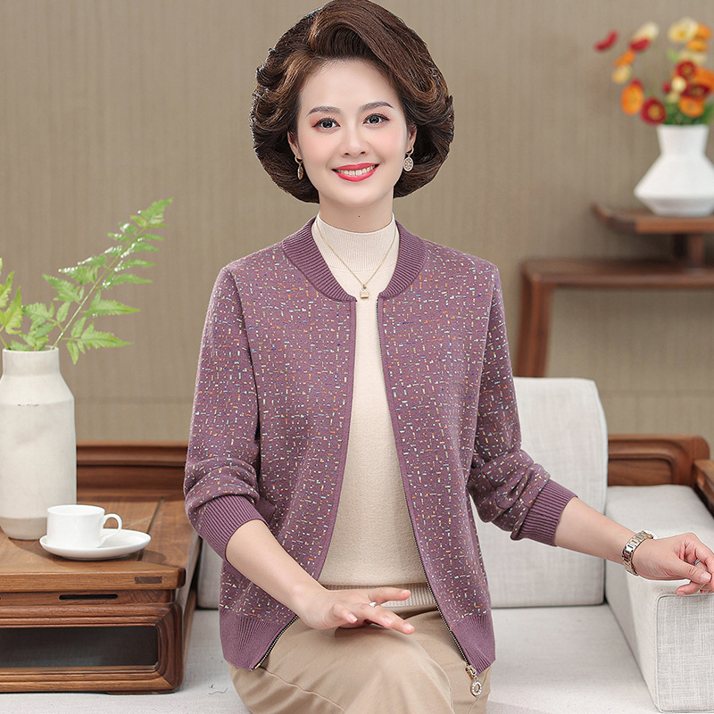 Middle-aged and elderly women's fashion cheongsam collar knitted zipper coat spring and autumn jacket cardigan sweater large size mother's outfit