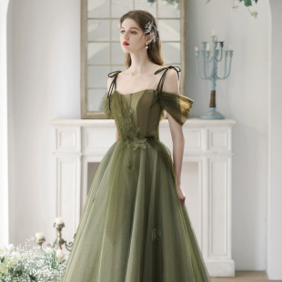 森系晚禮服軍綠色網紗蓬蓬裙女2025新款吊帶一字肩宴會晚禮服