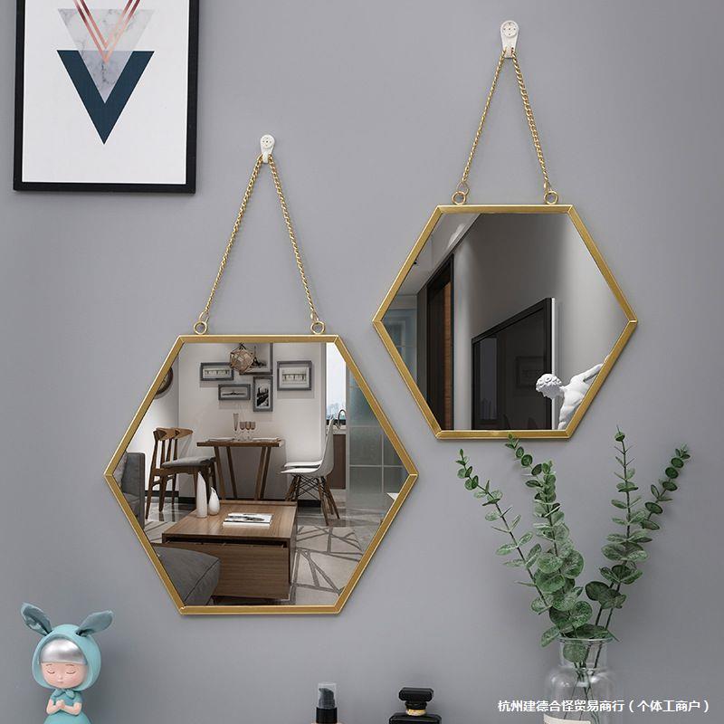Nordic Iron Hexagonal Wall Mirror Bathroom Bathroom Dormitory Mirror Wall-Mounted Washbasin Wall-Mounted Makeup Mirror