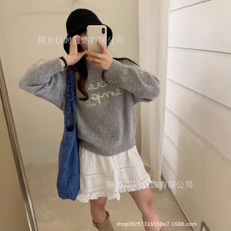 以时 25秋冬季新款韩系少女风刺绣字母毛衣百搭圆领羊毛针织衫 女|undefined