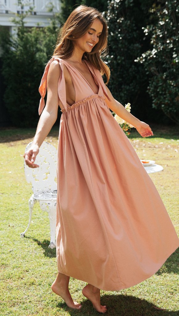 solid color V-neck straps tied rope large swing long dress NSJKW120550