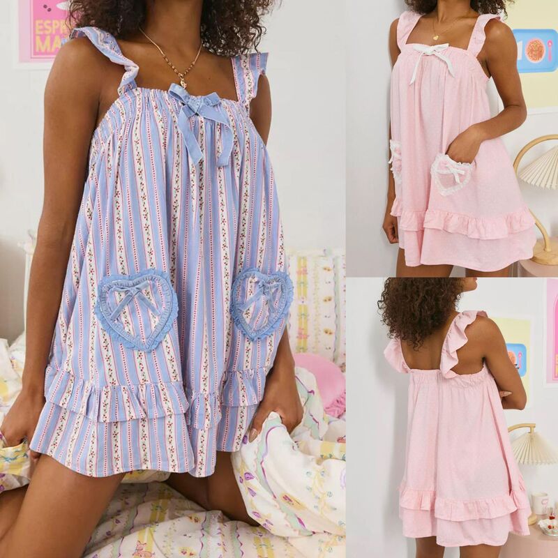 European and American Summer New Style Stripesd Printed Heart Bow Square Neck Small Bow Suspender Dress Su4165