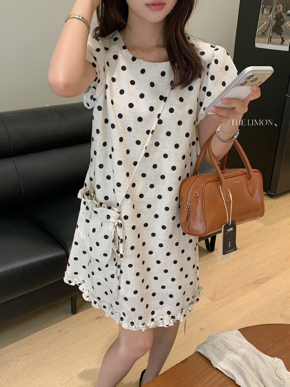 Đầm maxi nữ chất liệu tencel linen chấm bi tay bồng cổ điển — Gai mè chi tiết 21