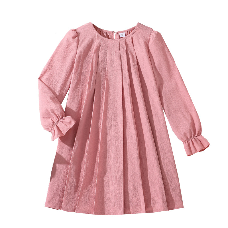 Damenbekleidung neuer Herbst mittlere Größe Kinderrock plissiert lose langärmeliges Kleid_voghion.com