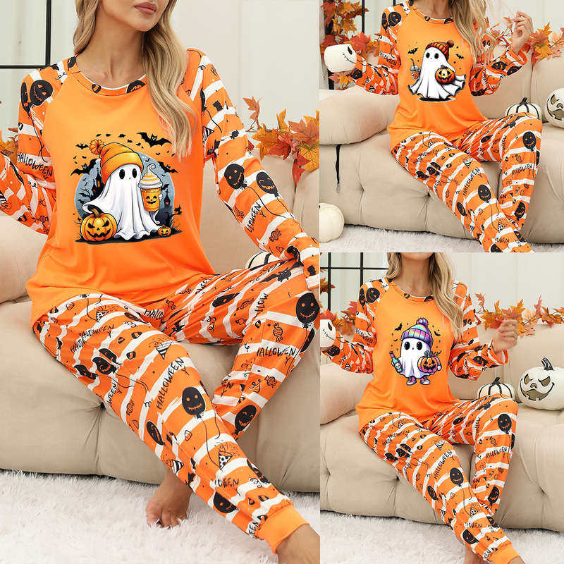 メーカー既製婦人服ホーム服ヨーロッパとアメリカのツーピーススプリットホーム服パジャマハロウィンカボチャプリント|undefined
