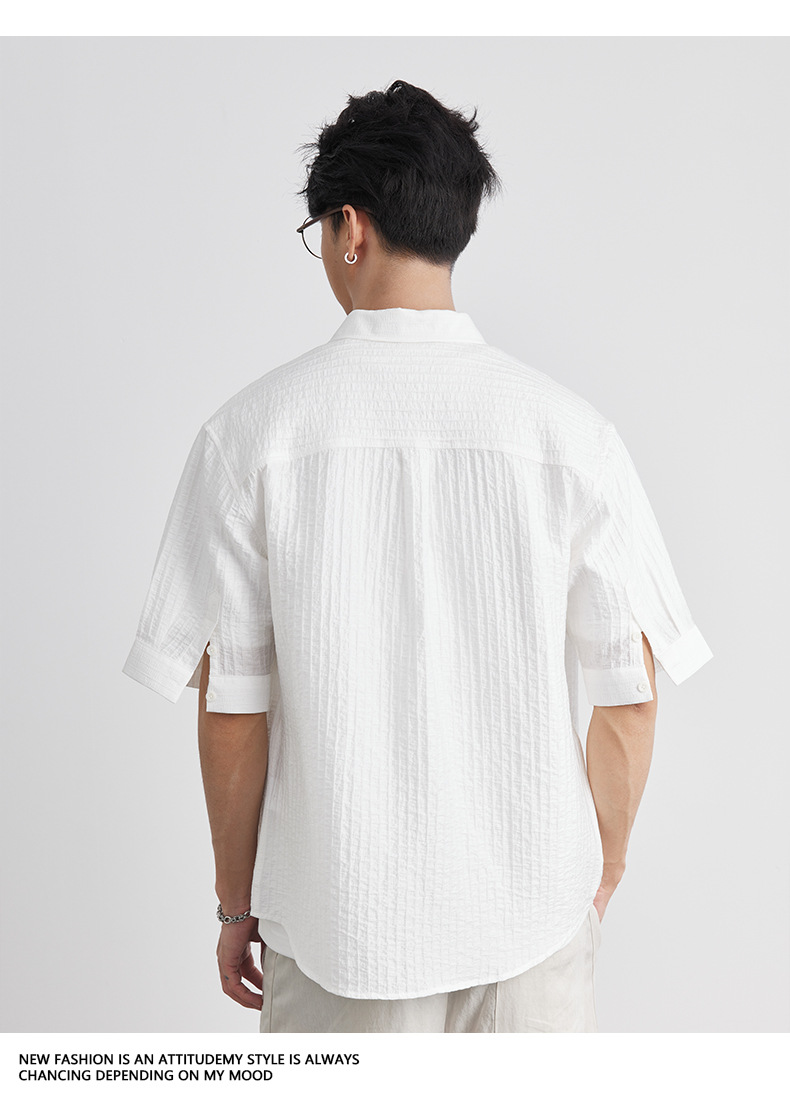Áo sơ mi nam tay ngắn Tencel dáng rộng phong cách Pháp, không cần là ủi — Màu trắng chi tiết 22