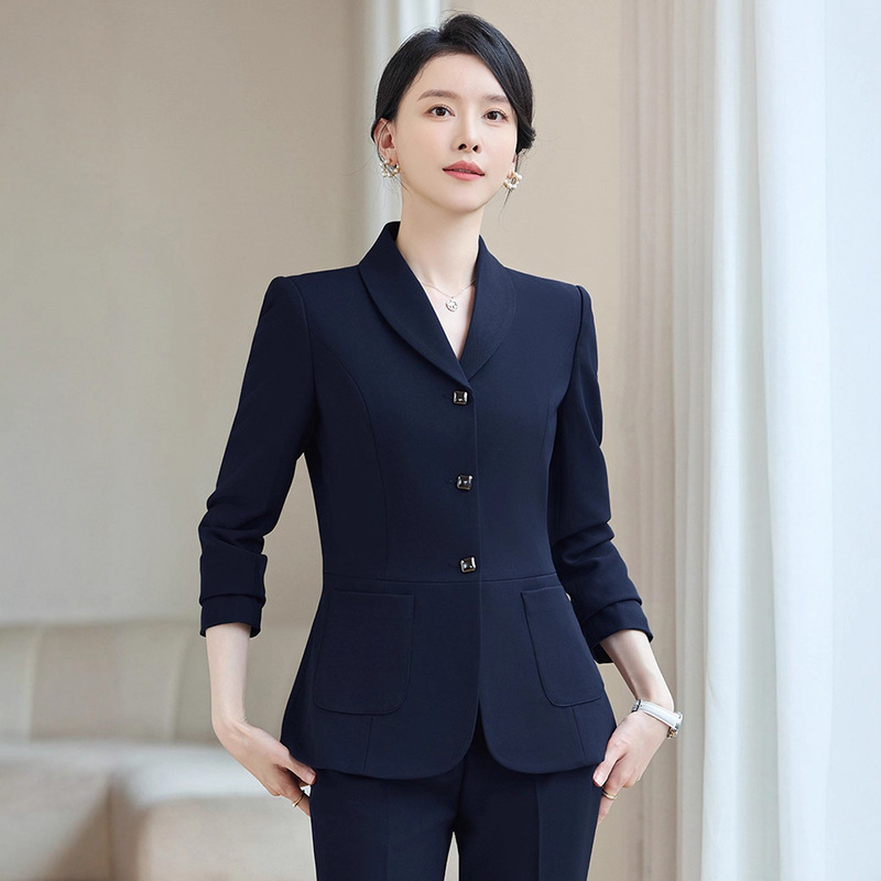 2025 Autumn and Winter Navy Blue Suit Jacket Women's Hotel Uniform Stretch Professional Formal Salesperson Suit Three Buttons