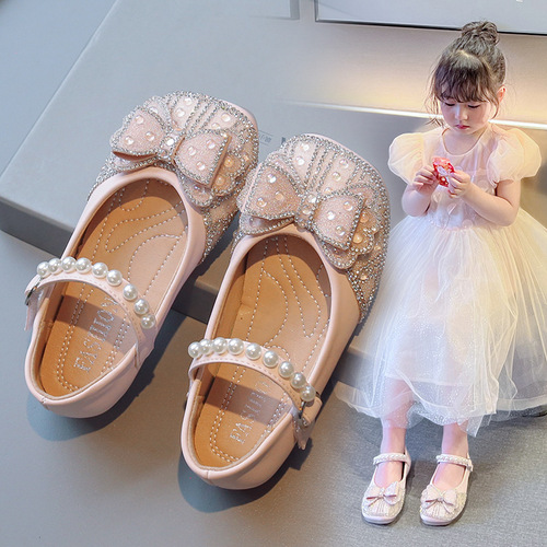 Little Girl's 2024 Spring New Children's Water Diamond Edge Bowknot Princess Shoes for Performances
