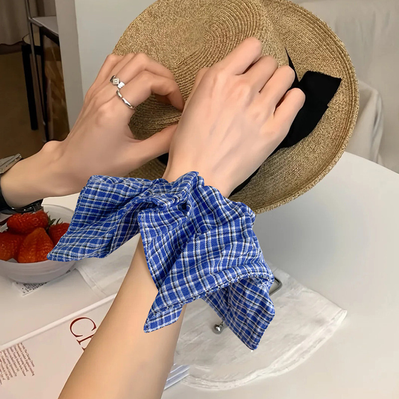 韩系蓝色格纹方巾大肠发圈2025新款女高级感时尚扎低丸子大号发饰|undefined