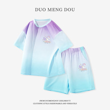 哆萌豆女童套装夏季大童渐变色速干两件套儿童短袖T恤裤子二件装