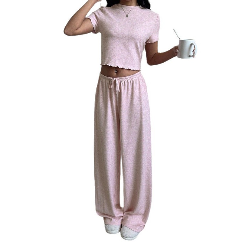 欧美坑条简约粉色上衣长裤女式睡衣家居服亲肤舒适可外穿秋季新品|undefined