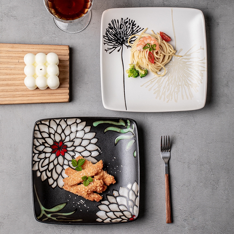 Platos de cerámica pintados a mano de alto valor, platos de platos caseros, platos de comida occidentales, platos de platos japoneses, exportación transfronteriza de cubiertos