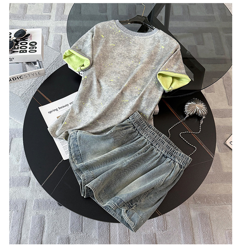Women's Clothing Casual Fashion Sports Suit For Women Summer New Round Neck Bear Embroidery Tie Dye Top Loose Jeans Two Piece Suit_ecoleips.com