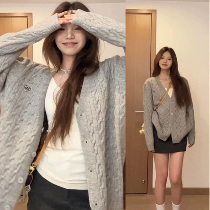 Gray Lazy Style V Neck Twist Knitted Cardigan for Women 2025 Early Autum New Loose Mid-Length Sweater Jacket Gray Lazy Style V Neck Twist Knitted Cardigan for Women 2025 Early Autum New Loose Mid-Length Sweater Jacket