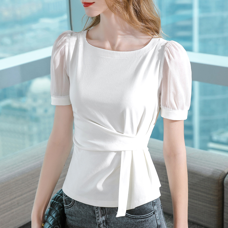Camiseta de manga corta para mujer, verano 2022, escote cuadrado con inserciones de malla, mangas abullonadas de algodón, top ajustado a la cintura con diseño de mangas abullonadas.