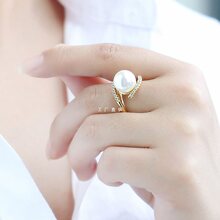 戒指女珍珠食指指环提气质黄金戒指简约天然贝珠开口尾戒s925纯银