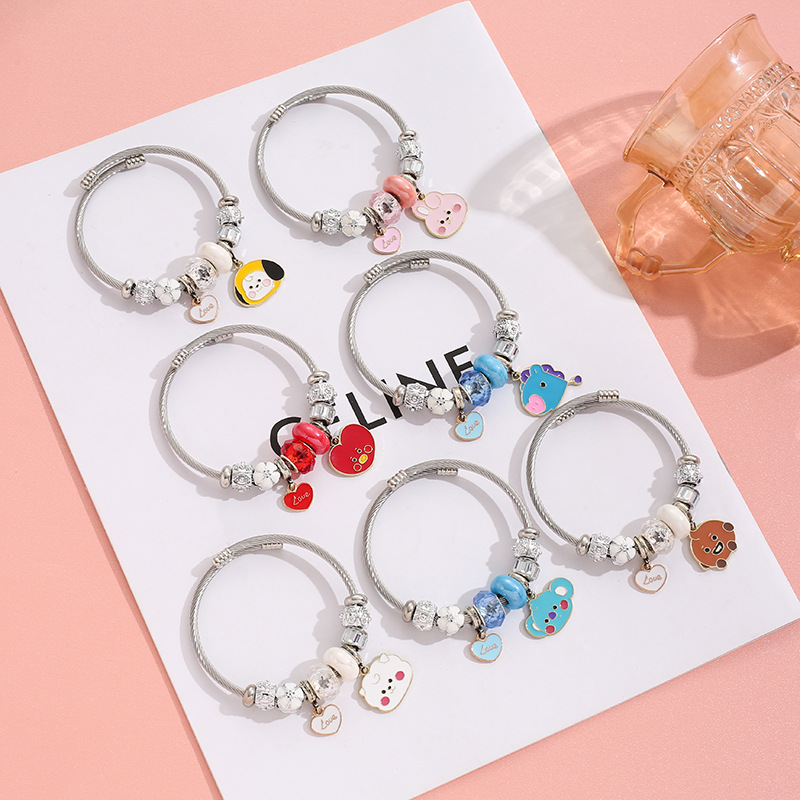 판지아 BT21 스테인리스 팔찌 한국 스타일 패션 만화 DIY 남녀 청소년 그룹 하트 펜던트 크리스탈 팔찌