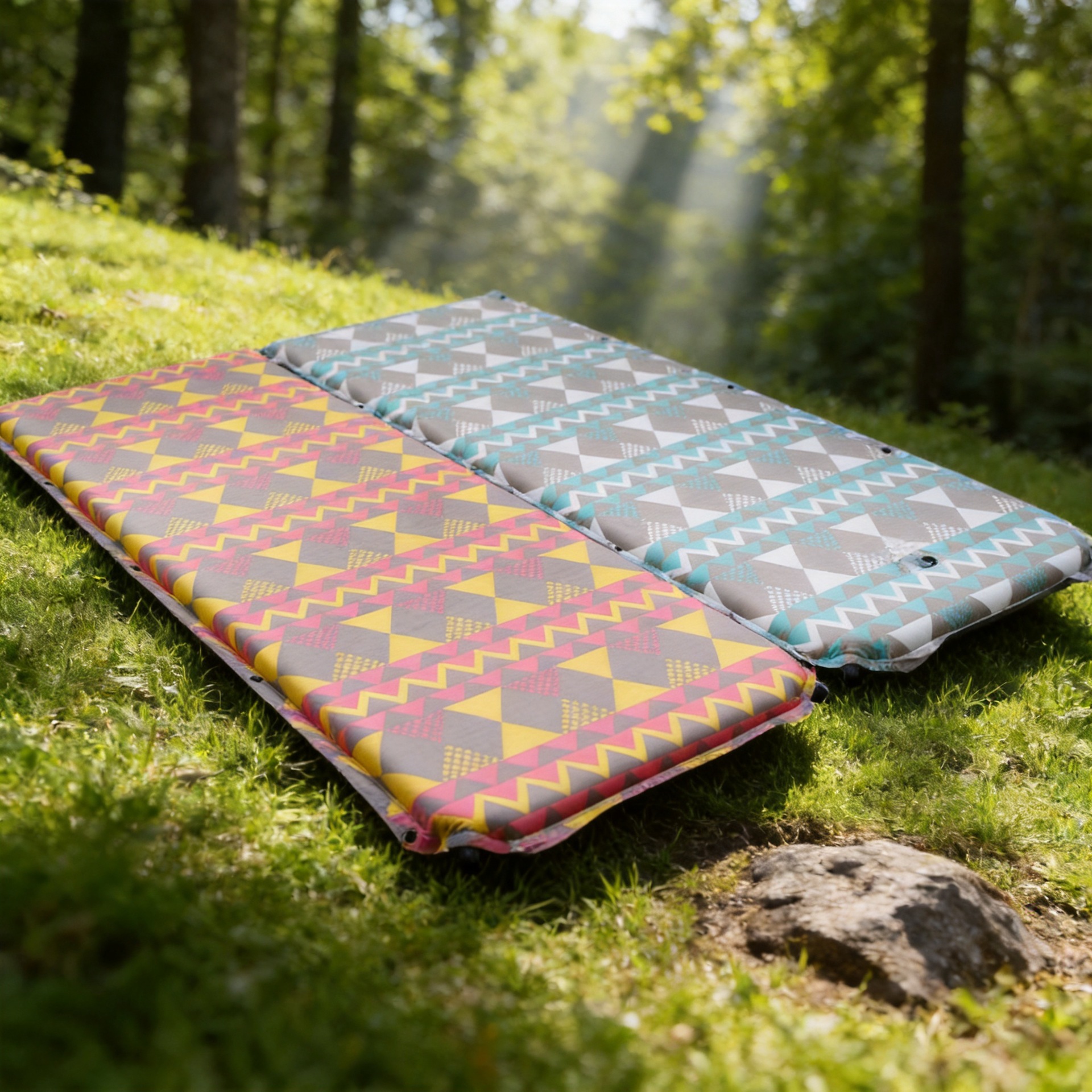 Single-person automatic inflatable mat with ethnic geometric pattern, dual air holes, outdoor camping tent moisture-proof sleeping pad, available for wholesale